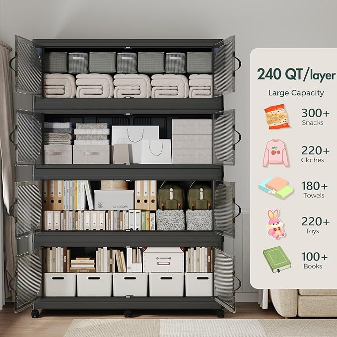 300Gal/1200QT 5-Tiers Extra Large Stackable Storage Bins with Lid, Collapsible Cabinet Closet Organizer Plastic Container Box with Wheels Doors Drawers for Office Dorm Kitchen Office, Black