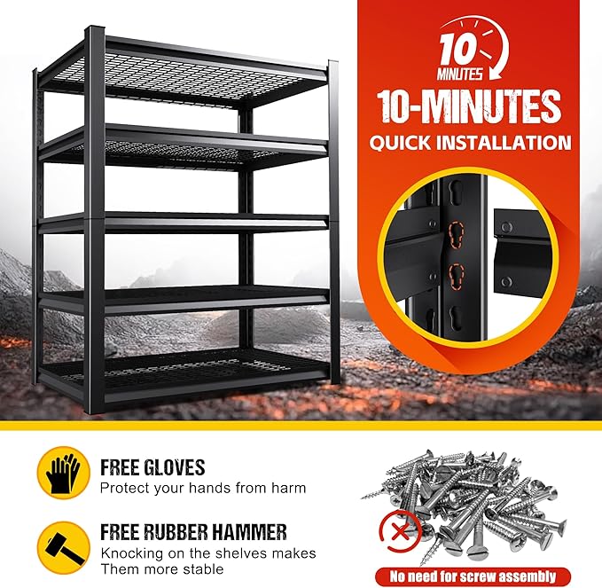 Set of 4 Heavy Duty Garage Shelving 5T Storage Shelves, Adjustable Metal Shelving Unit, Utility Garage Organizer Shelf for Basement, Pantry, Warehouse, Supermarket, 59" W x 19.7" D x 72" H