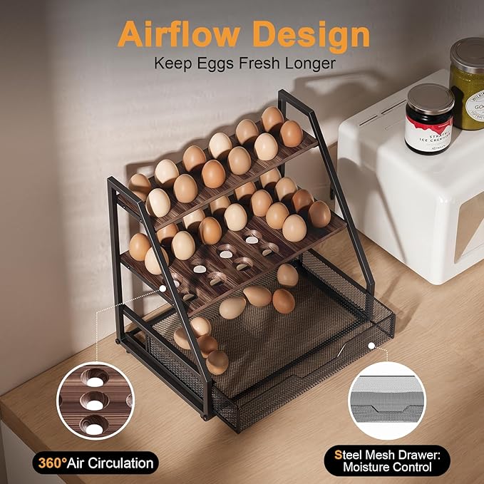3-Tier Wooden Fresh Egg Holder Countertop With Basket for 36+90 Eggs, Storage for Countertop with Carry Handle for Gathering 150+ Fresh Eggs