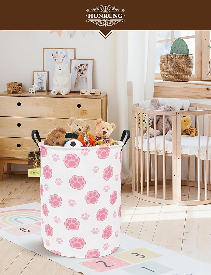 HUNRUNG Collapsible Fabric Storage Basket, Waterproof Laundry Hamper with Handles, Round Storage Bin for Clothes Toys, Foldable Organizer for Bedroom Nursery Bathroom(Round-Pink Paw)