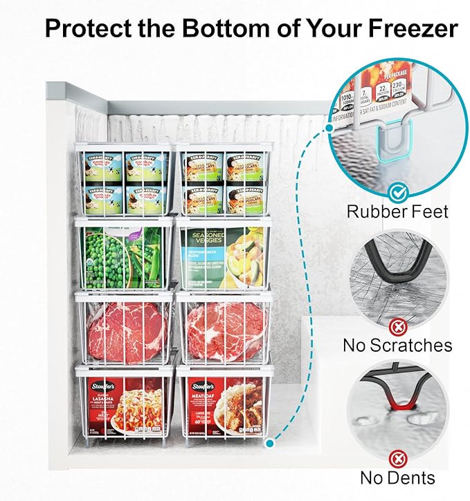iSPECLE Freezer Organizer Bins - Fits 7 Cu.Ft Chest Freezer, 4 Pack Stackable Wire Baskets(14.7" Length), Heavy Duty Coated Deep Freezer Organizer, Rust Resistant for Frozen Food Sorting, White
