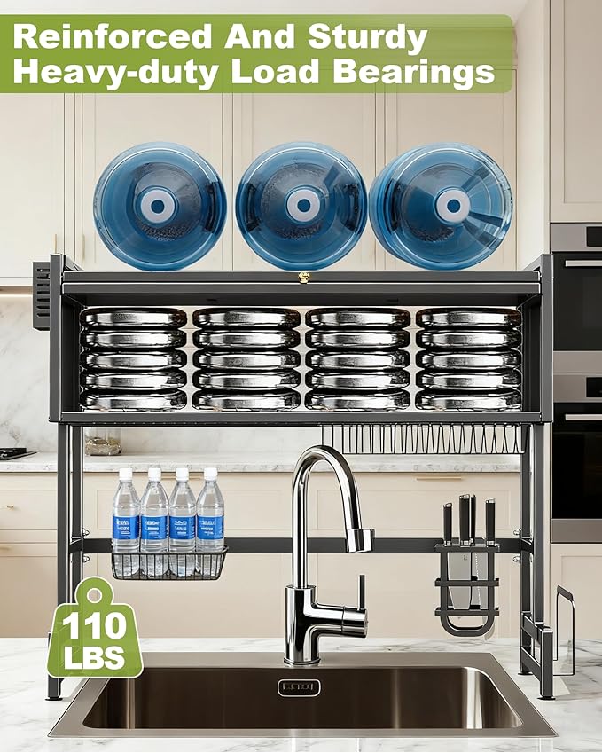 Over The Sink Dish Drying Rack with Cover 2 - Tier Large Dish Drainer Racks for Kitchen Counter Space Saving Sink Storage Organizer for Dishes, Glasses, Bowls & Cutlery Black