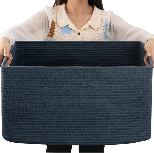 OIAHOMY 75L Large Blanket Basket, Woven Storage Basket with Handle, Cotton Rope Basket 22”x17”x12”,Blanket Basket Living Room, Toy Basket for Nursery, Blue