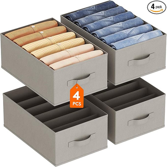 Lifewit 4 Pack Clothes Organizer, 6 Grids Closet Jean Storage Bins with Handles and Support Boards, Foldable Drawer Organizer for Sweater, Pants, T-shirt, Dress, Grey, 42 x 27 x 17 cm/16x10x7''