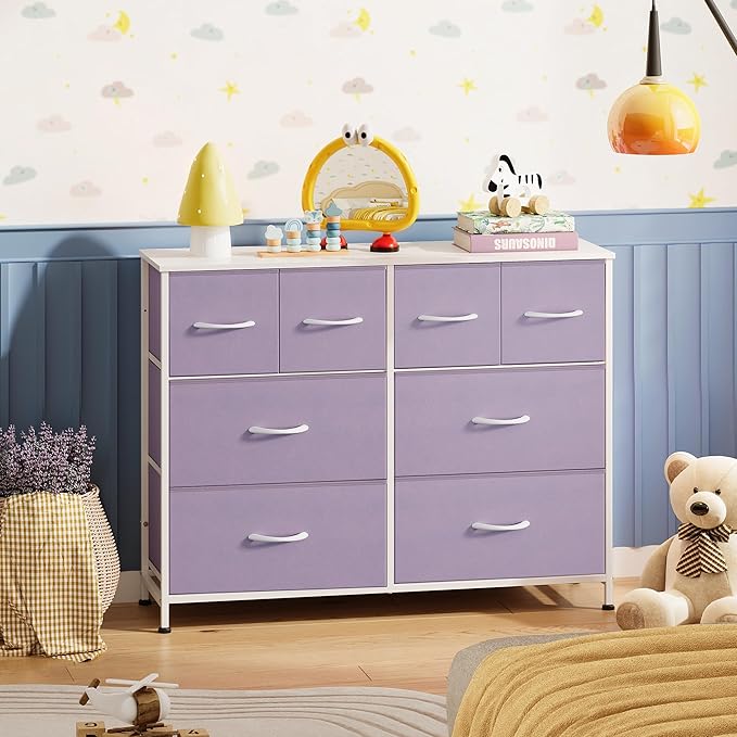 WLIVE Dresser for Bedroom with 8 Drawers, Wide Fabric Dresser for Storage and Organization, Bedroom Dressers, Chest of Drawers for Living Room, Closet, Hallway, Purple