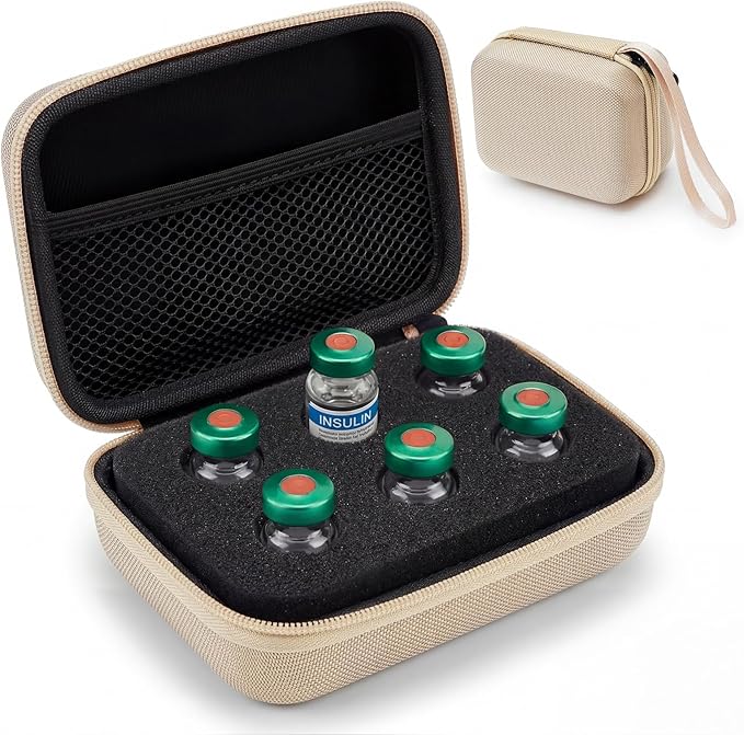 Teenyyou 6 Slots Insulin Peptide Fridge Carrying Case Vial Holder Storage Protector Bag, Fits Standard 10ml Vials, Insulin Cooler Travel Kits Case Diabetes Protector(Black, Champagne Zipper)