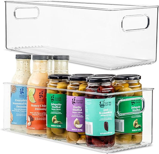 primebox Plastic Food Storage 2 Pack Clear Container Bin with Handles for Organizing Kitchen, Pantry, Refrigerator, Freezer, Pantry, Cabinet, Closet, Bathroom. 16”x6”x5”