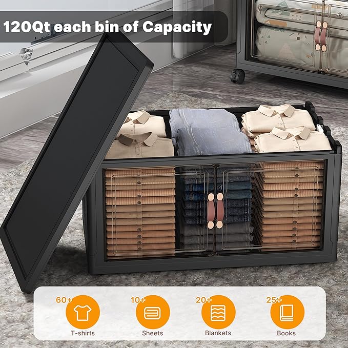 UAMFURI Stackable Storage Bins with Lids, 896QT Closet Organizers and Storage with Doors and Wheels, Extra Large Storage Cabinet, Collapsible Plastic Drawers for Bedroom Dorm Office Garage
