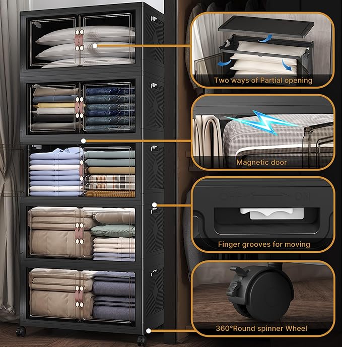 UAMFURI Extra Large Stackable Storage Bins with Lids & Wheels, 600QT-120QT/30GAL*5Pack Foldable Collapsible Closet Organizers Storage Cabinet with Doors for Bedroom Dorm