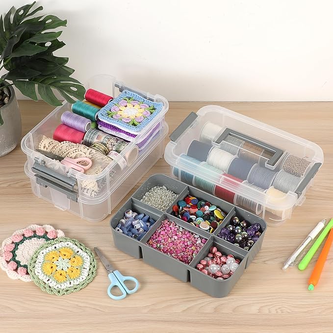 JUXYES 2 Pack 3-Tiers Stack Carry Storage Box With Divided Tray, Transparent Stackable Storage Bin With Handle Lid Latching Storage Container for School & Office Supplies, Dark Gray