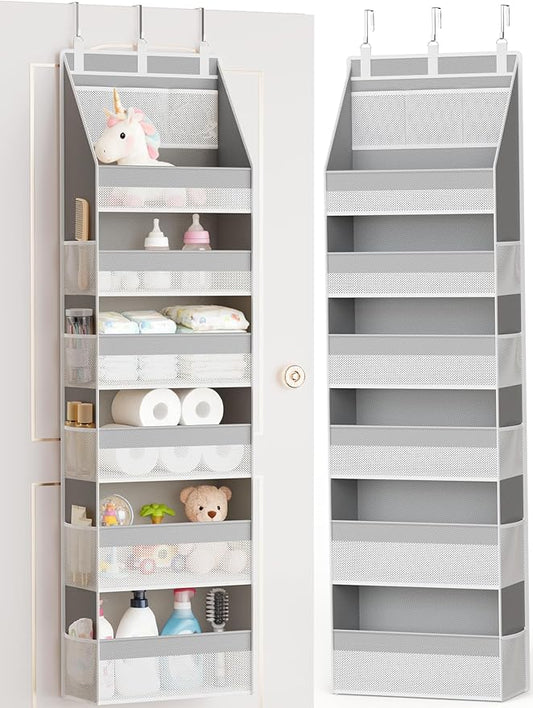 Criusia Over The Door Organizer, Heavy-Duty 6-Shelf Hanging Storage with 13 Mesh Pockets, 55lbs Capacity Behind The Door Storage for Nursery, Bathroom, Bedroom, and Dorm, Grey