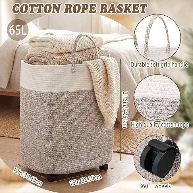 LemonRoad Woven Laundry Basket with Wheels 65L Cotton Rope Laundry Woven Hamper Nursery Storage Basket for Toys Large Dirty Clothes Blankets Bedroom Rice Brown