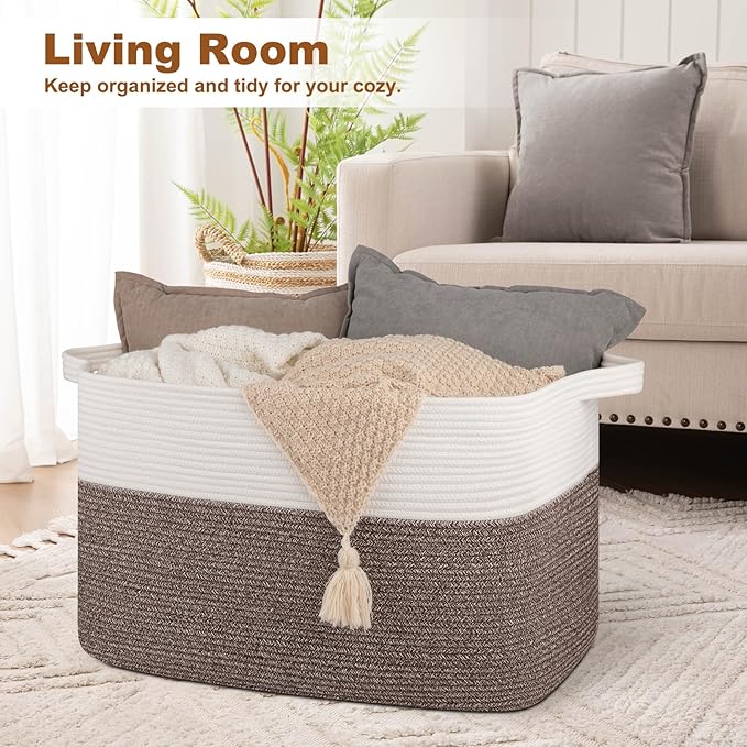 OIASKET XXXL Supre Large Blanket Basket for Clothes, Towels, Pillows, 108L Cotton Rope Storage Basket for Living Room, Supre Large Woven Toy Storage for Kids, 25" x 16" x 16", Dark Brown and White