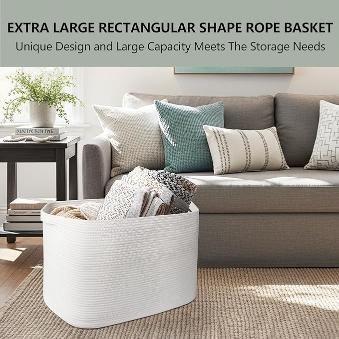 MEGASKET 108L Extra Large Storage Basket, 25" x 16" x 16" White Blanket Basket Living Room, Oversized Cotton Rope Blanket Storage, Woven Kids Dog Toy Bin Box Organizer, Laundry Shoes Towel Bin, White