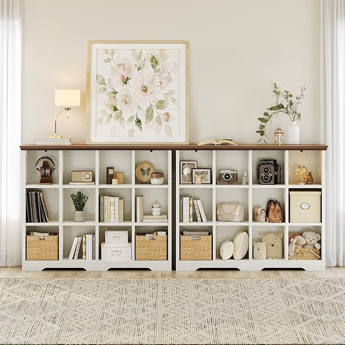 OffiGo 8 Cube Organizer Bookcase, Modern Farmhouse Open Shelf for Storage Bins & Decor, Display Bookshelf Console Closet for Living Room, Bedroom, Home Office, Walnut+White