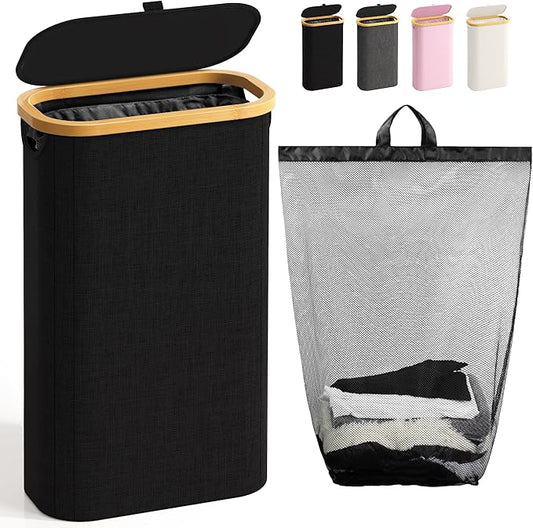 Bathola 75L Slim Laundry Hamper with Lid, Dirty Clothes Hampers for Laundry, Collapsible Laundry Baskets for Small Spaces, Bedroom, Bathroom, Laundry Room, Black