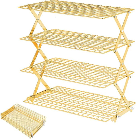Pleafind 4 Tier Gold Collapsible Cooling Rack - 3 Setting Design, Adjustable ＆ Stackable Baking Rack, 5 Modes Cooling Racks for Cooking and Baking, Roasting ＆ Grilling Gifts for Picnic Party