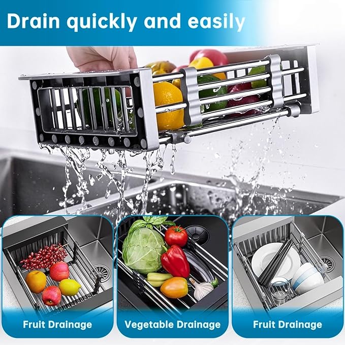 Small Over The Sink Dish Drying Rack - Stainless Steel Expandable Telescopic Drain Basket, Adjustable Kitchen Sink Organizer for Dishes Fruits Vegetables (Grey)