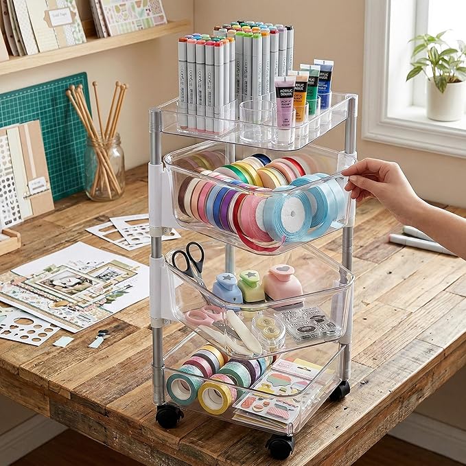 OnDisplay 360° Rotating Clear Storage Trolley – Multi-Tier Rolling Acrylic Utility Cart for Vanity, Craft Room, Pantry, Office & Bathroom – Mobile Multipurpose Organizer Rack for Makeup, Kitchen,