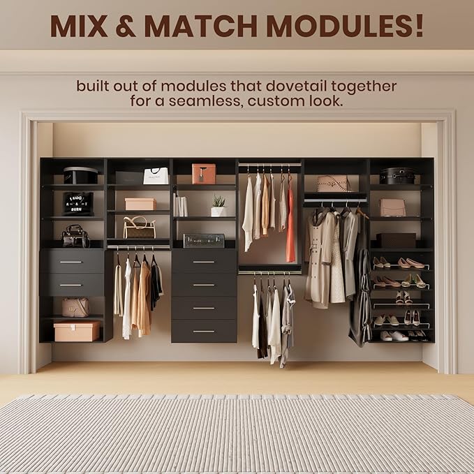 ROOMTEC Modular Closet System, 61" Wall-Mounted Closet Organizer with Hanging Rods, Wooden Tower for Walk-In Closets, Wardrobe Storage Kit, Black