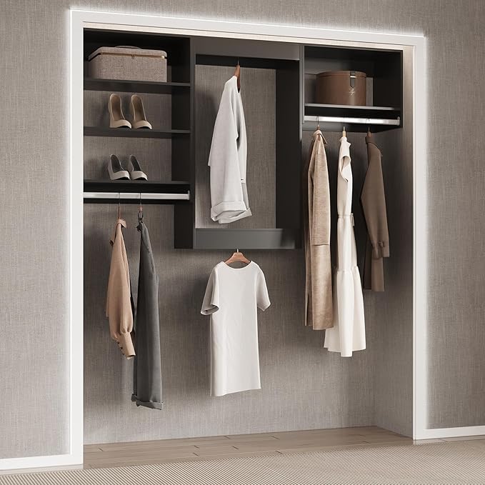 Tall Hanging Closet Unit, Modular Closet System, Wood Closet System Organizer with Storage for Walk In Closets, Clothing Rack Wardrobe Closet for Hanging Clothes, Bedroom, Black, 28.5"W
