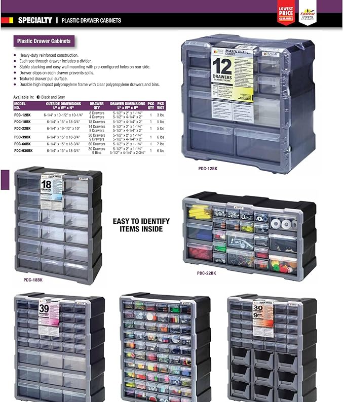 Quantum Storage Systems PDC-60BK 60 Drawers Cabinet Part Organizer 19" H x 15" W x 7" D