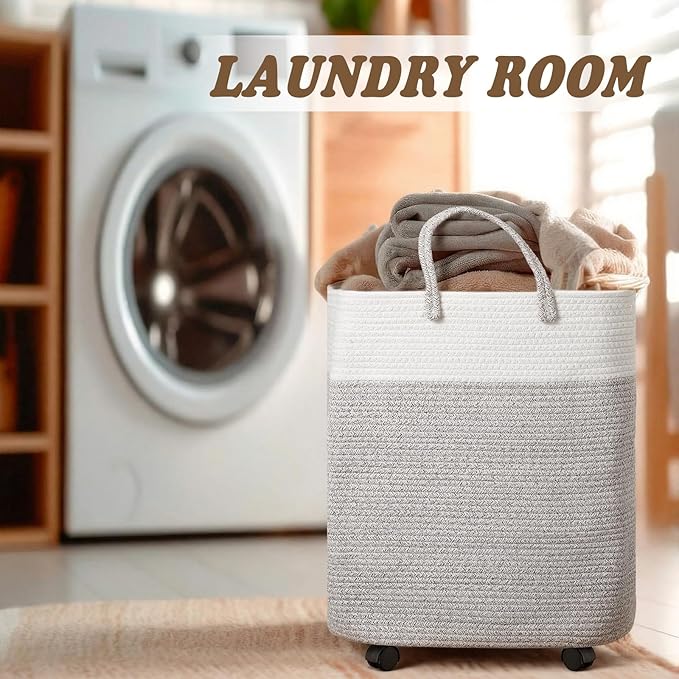 LemonRoad Woven Laundry Basket with Wheels 65L Cotton Rope Laundry Woven Hamper Nursery Storage Basket for Toys Large Dirty Clothes Blankets Bedroom Rice Brown