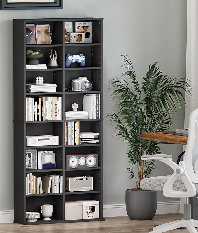 DVD Rack Tower, 16-Shelf DVD Storage Racks with Adjustable Shelves 8-Tier Multimedia Storage Tower for Living Room Home Office