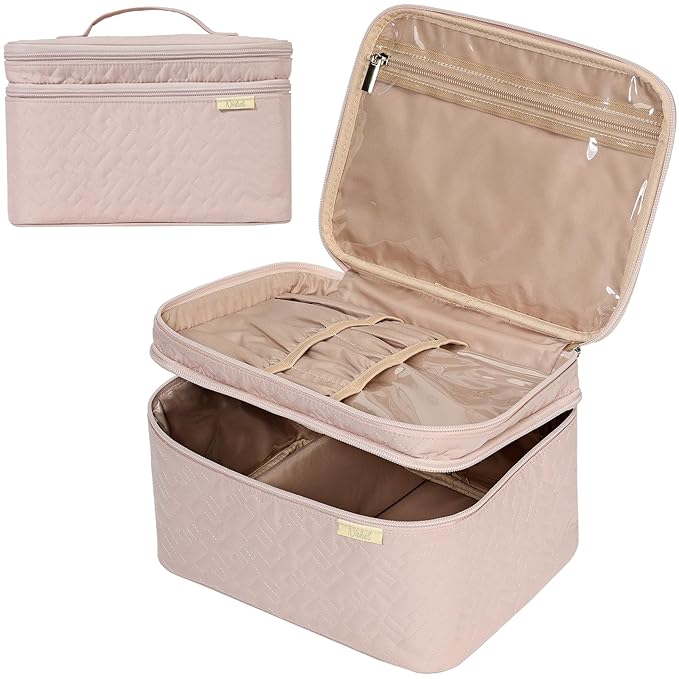 NISHEL Large Double Layer Travel Makeup Bag Women, Cosmetic Case, Organizer for Travel-Size Accessories Bottles, Brushes, Conditioner, and Skin Care Products, Pink