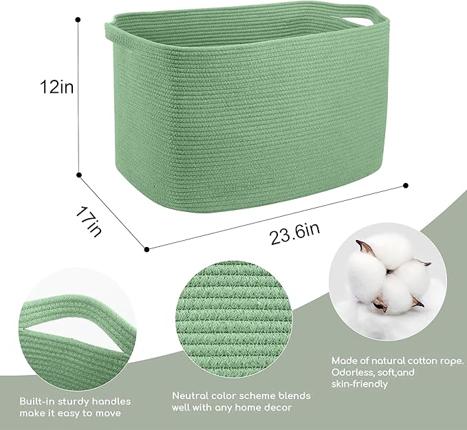 MEGASKET Large Green Baskets for Organizing, 23.6" x 17" x 12" Rectangle Blanket Holder Organizer, Kids Toy Storage Bins, Woven Rope Storage Basket, Green Home Decor Basket, Baby Nursery Storage