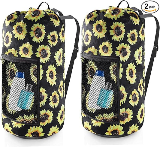 Olosar Laundry Bag Backpack, 2PCS Extra Large Travel Laundry Bag with Mesh Pocket & Adjustable Shoulder Straps,Dirty Clothes Travel Bag for College Students Dorm,Apartment(Sunflower)