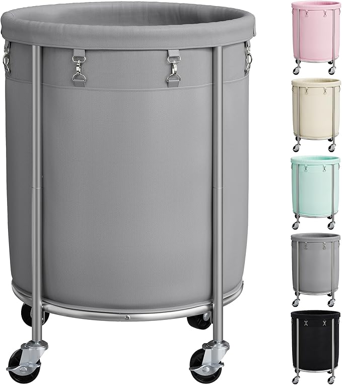 ELYKEN 190L Laundry Basket with Wheels, Large Rolling Laundry Hamper with Removable Liner Bag, Round Rolling Laundry Cart, Dirty Clothes Hamper for Hotel, Home, Closet, Dorm, Gray