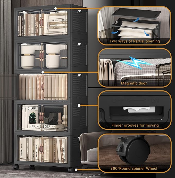 UAMFURI Extra Large Stackable Storage Bins with Lids & Wheels, Foldable Collapsible Closet Organizers Dark Storage Cabinet with Doors for Bedroom Dorm