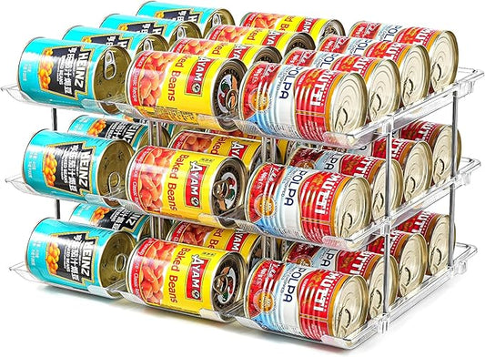 Amllas Can Organizer for Pantry, Stacking Can Storage Organizer Pantry, Automatic Rolling Can Rack for Fridge, 3Tire 3 Columns Can Holder for 36 Cans, Canned Goods Organizer
