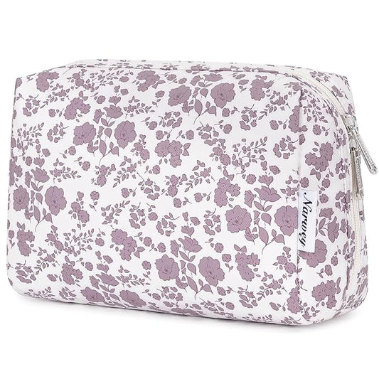 Narwey Cute Floral Makeup Bag Travel Cosmetic Bag Organizer Toiletry Bag Make Up Bags with Organized Pocket for Women Girls (Large,Dusty Pink Flower)