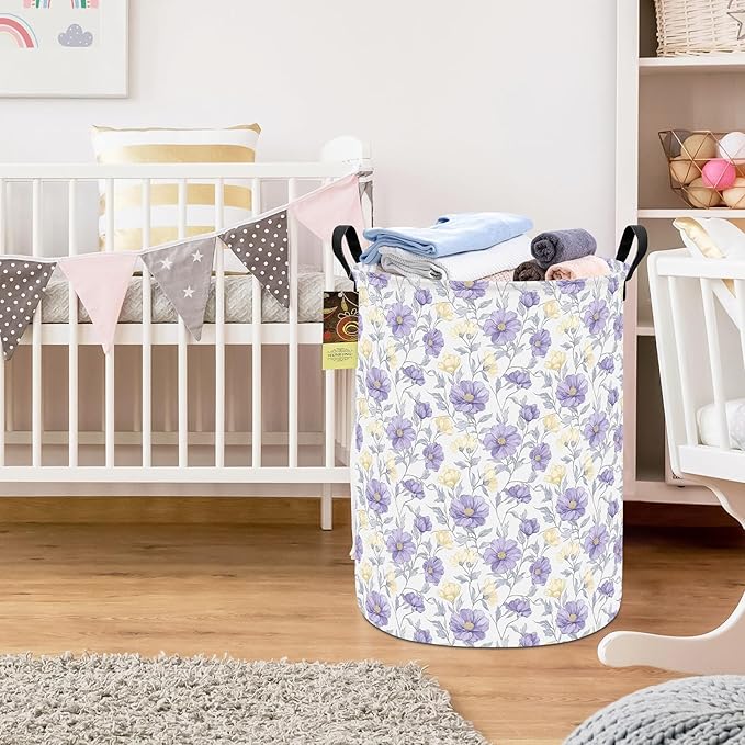 HUNRUNG Collapsible Fabric Storage Basket, Waterproof Laundry Hamper with Handles, Round Storage Bin for Clothes Toys, Foldable Organizer for Bedroom Nursery Bathroom(Round-Purple Flowers)