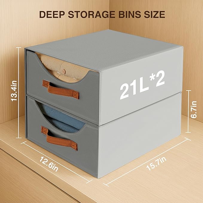 Homsorout Closet Organizers and Storage - Large Stackable Storage Bins with Drawer, Fabric Bins for Organization, Collapsible Drawer Organizer Clothes for Bedroom, Living Room, 2 Pack, Grey