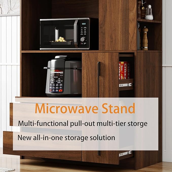 Farmhouse Kitchen Pantry Cabinet, 70.87" Tall Freestanding Cupboard with Multi-Tier Storage Rack and Microwave Stand for Kitchen, Dining Room, Walnut