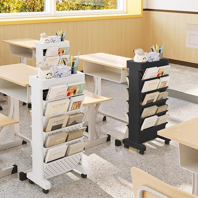 6-Tier Mobile Bookshelf, Rolling Bookcase Book Storage Rack, Movable File Folder Organizer Cart with Wheels for Home Study Office Living Room Classroom, Black