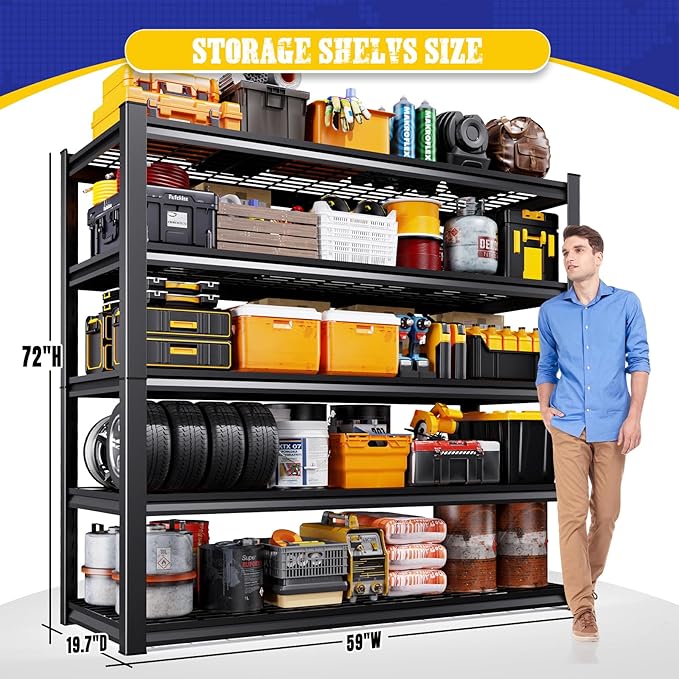 Set of 3 Heavy Duty Garage Shelving 5-Tier Storage Shelves, Adjustable Metal Shelving Unit, Utility Garage Organizer Shelf for Basement, Pantry, Warehouse, Supermarket, 59" W x 19.7" D x 72" H
