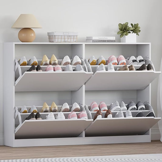 BORNOON Shoe Cabinet with 4 Flip Drawers, Narrow Hidden Shoe Storage Cabinet, Slim Freestanding Shoe Rack Organizer for Entryway, Hallway, Bedroom, Living Room
