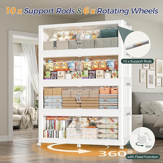 300Gal/1200QT 5-Tiers Extra Large Stackable Storage Bins with Lid, Collapsible Cabinet Closet Organizer Plastic Container Box with Wheels Doors Drawers for Office Dorm Kitchen Office, White