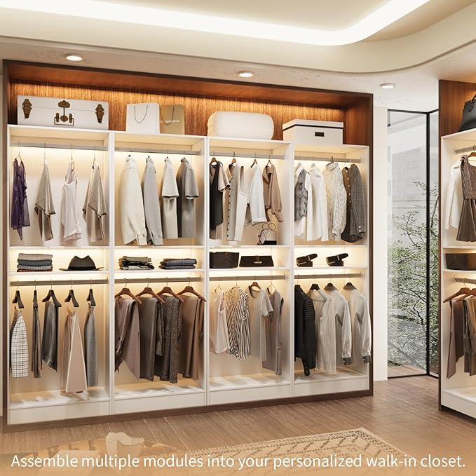 VOWNER 50'' Freestanding Closet System with Shelves, Wood Closet Organizer System with Hanging Rods, Walk-in Closet Tower, Clothes Garment Rack, Wardrobe Closet for Bedroom Entryway