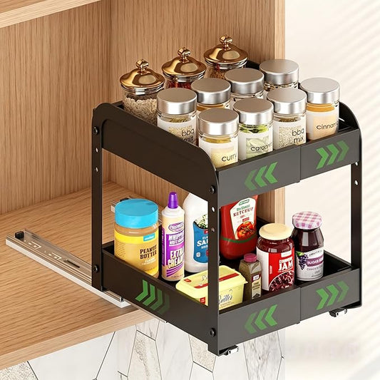 Across-Star Expandable Pull Out Spice Rack For Cabinet, 2-Tier No Drill Slide Out Drawers For Kitchen Cabinet with Adjustable Height, Metal Pullout Spice Holder Seasoning Shelf Inside Cabinet