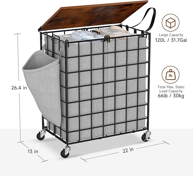 Laundry Basket with Wheels, Heavy Duty Laundry Sorter 2 Sections, Large Capacity 120L (32Gal.) Laundry Hamper with Wood Lid, 360 Rolling Wheels, Extra Side Pocket, Leather Pull Handle, Grey