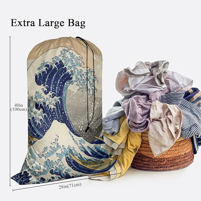 Swono Laundry Storage Bag with Drawstring Closure Japanese Wave Extra Large Huge Heavy Duty Oxford Cloth, The Great Wave Off Kanagawa Ocean Series Strong Power, Machine Washable