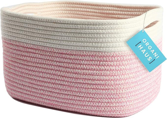 OrganiHaus Cotton Rope Basket for Shelf - Woven Storage Basket for Organizing, Closet & Toy Storage - Pink/Off-White - 15x9x10