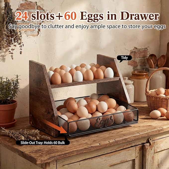 LemonRoad Wooden Egg Holder Fresh Egg Holders with Wire Basket Organizer for Countertop 24+60 Eggs Rustic Kitchen Organizer Basket for Gathering Fresh Chicken/Duck/Quail/Turkey Eggs(Brown)
