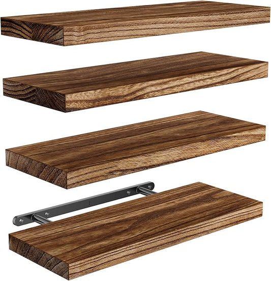 AMADA HOMEFURNISHING Floating Shelves, Paulownia Wood Wall Shelves for Bathroom/Living Room/Bedroom/Kitchen/Home Office, Natural Wood Floating Shelf for Home Storage & Organization, Set of 4, AMFS40BN
