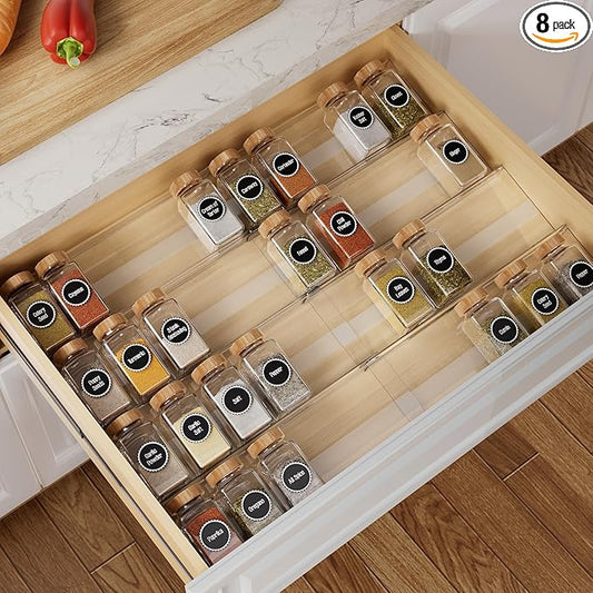 8-Pack Spice Drawer Organizer, Expandable Acrylic Seasoning Rack (13" to 26") with Anti-Slip Mat, Kitchen Spice Rack Drawer Holds up to 56 Jars (Jars Not Included)